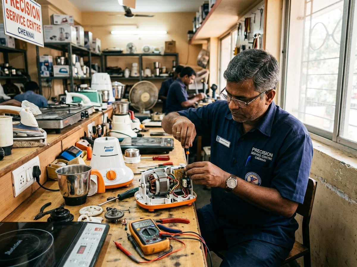Indian technician servicing small home appliance in Tirupati